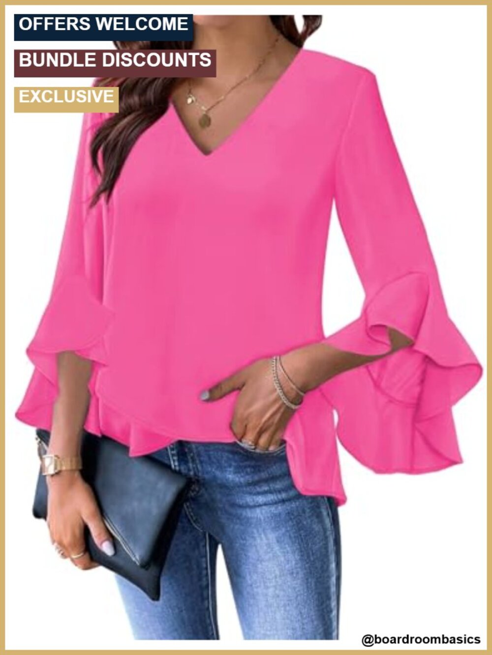 Ruffle 3/4 Sleeve V Neck Blouse Layered Hem Business Casual Top